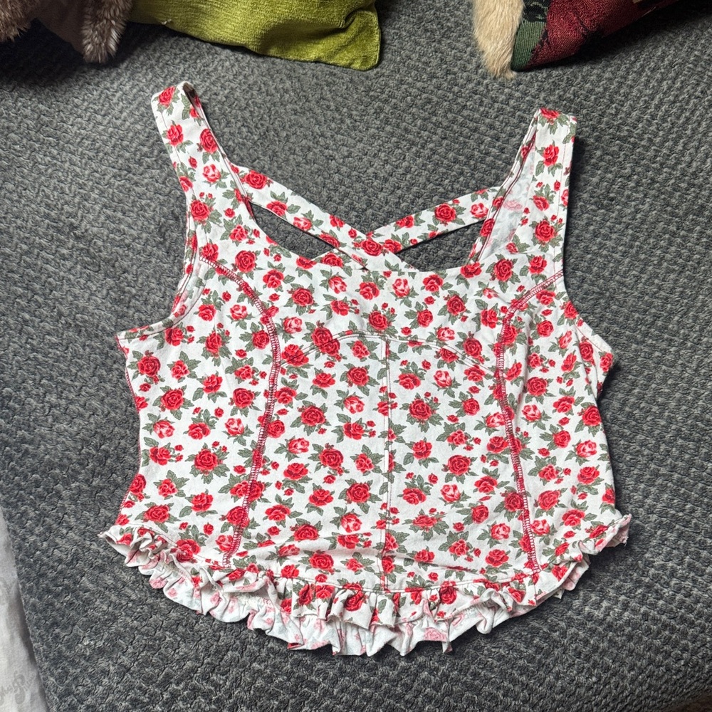 Free People White Crop Tank with Red Rose Print